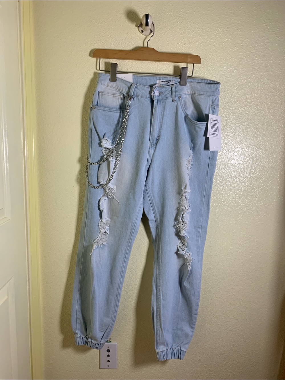 NWOT American Bazi Light Blue Distressed Boyfriend Jeans, Size L